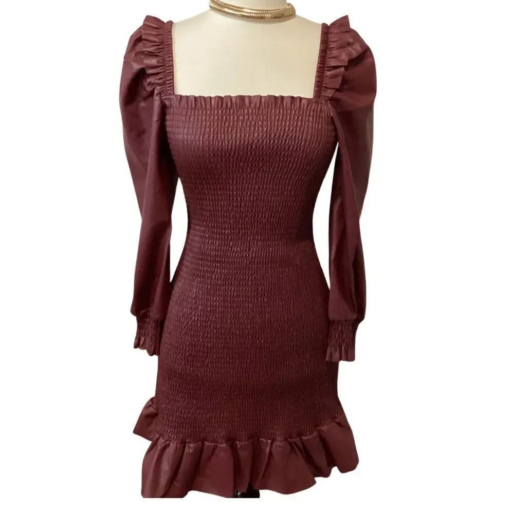 NWT 7 For All Mankind Vegan Faux Leather Smocked Dress Small Victorian Small